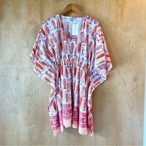 Savya Block Print Fish Top Pink Orange One Size Beach Coverup Short Dress